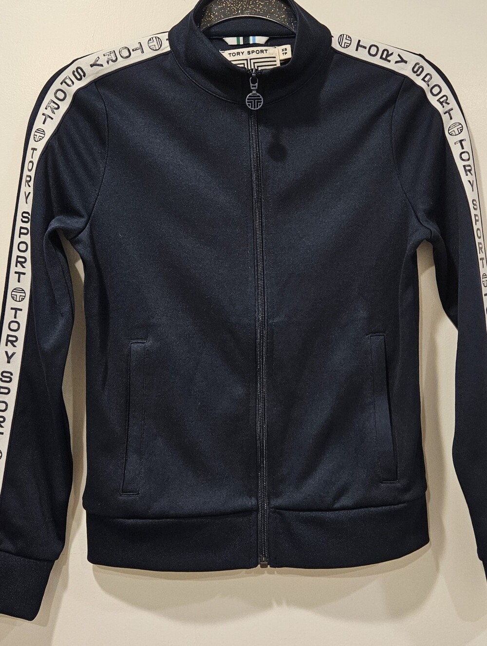 TORY BURCH SPORTS LOGO BLUE WHITE ZIPPER FRONT PERFORMANCE JACKET XS